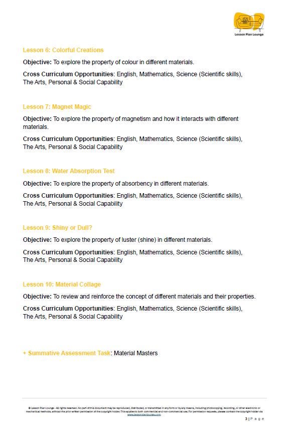 Chemical Science: 10 Lesson Plans + Summative Assessment and FREE Student WORKSHEETS (Foundation Year/ Kindergarten)
