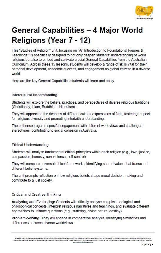 Studies of Religion - 4 Major World Religions: 15 Lesson Plans + Summative Assessment Task + FREE Student WORKBOOK incl. theory (Year 7-12)