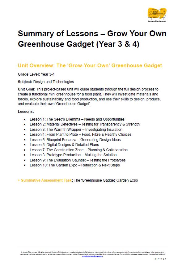 Design Technologies - Grow Your Own Greenhouse Gadget: 10 Lesson Plans + Summative Assessment and FREE Design PORTFOLIO Workbook (Year 3-4)
