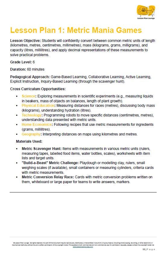 Mathematics - Measurement: Lesson Plans offering 28 Hands-On lessons + Summative Assessment Task + FREE Student Workbook (Year 6)