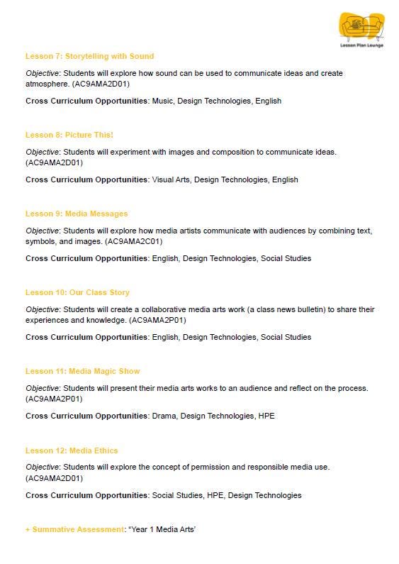 The Arts - MEDIA ARTS: 12 Lesson Plans + 1 Summative Assessment (Year 1)
