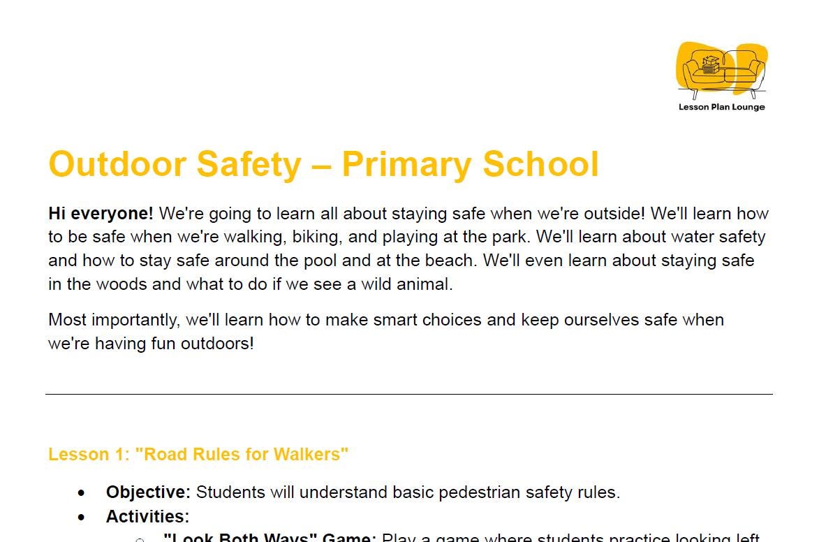 Outdoor Safety: 10 Lesson Plans + 1 Summative Assessment + Worksheet suggestions (Primary Education)