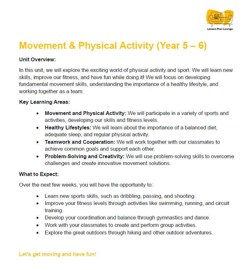 HPE - Movement and Physical Activity: 20 Lesson Plans + 1 Summative Assessment Task (Year 6)