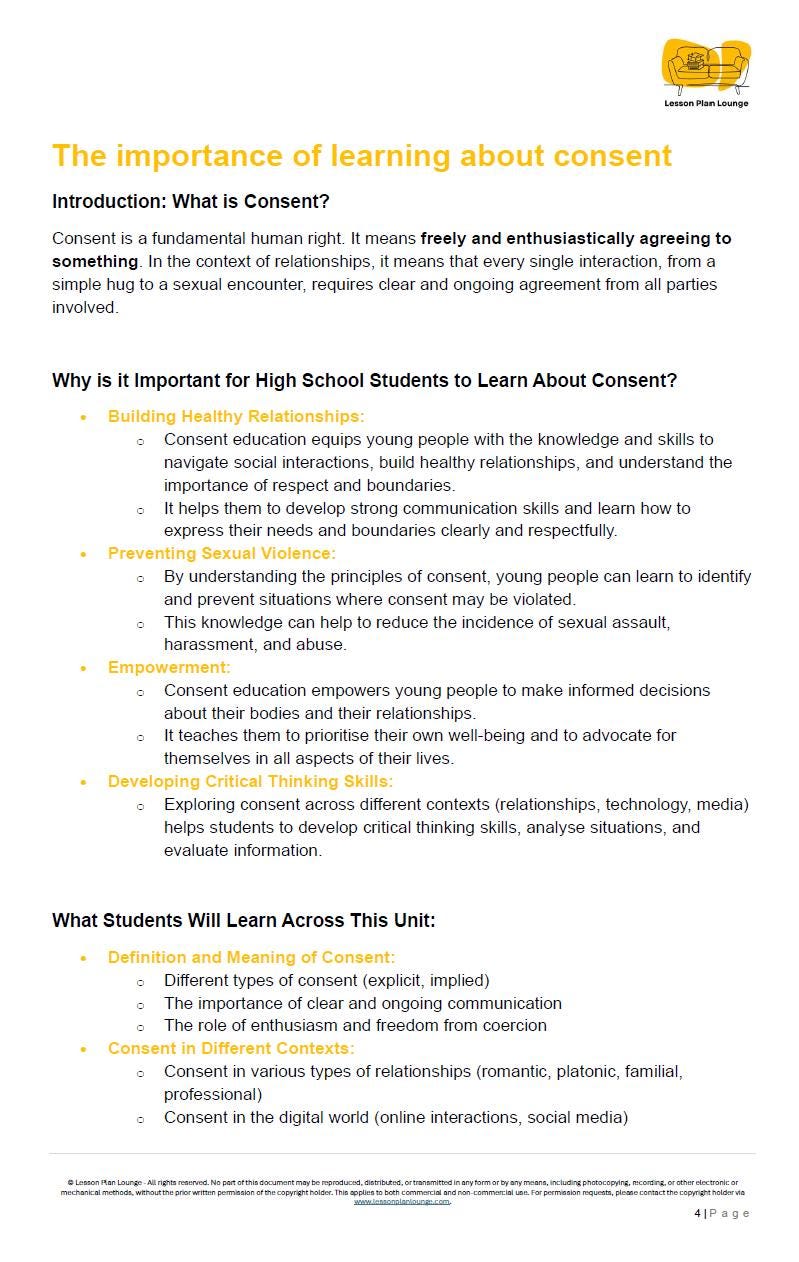 Understanding Consent: 10 Lesson Plans + 1 Summative Assessment + Worksheet Suggestions (High School)