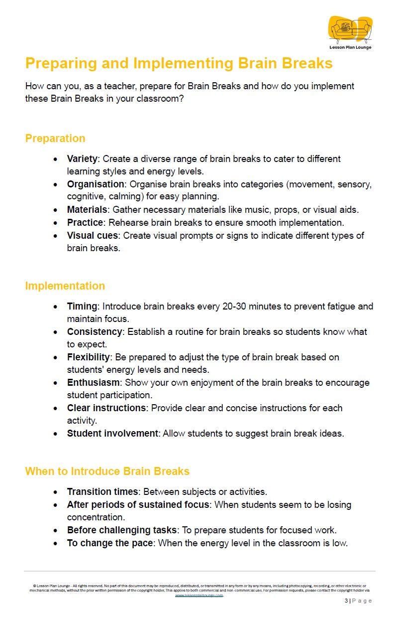 88 Brain Breaks for the Year 1 Classroom