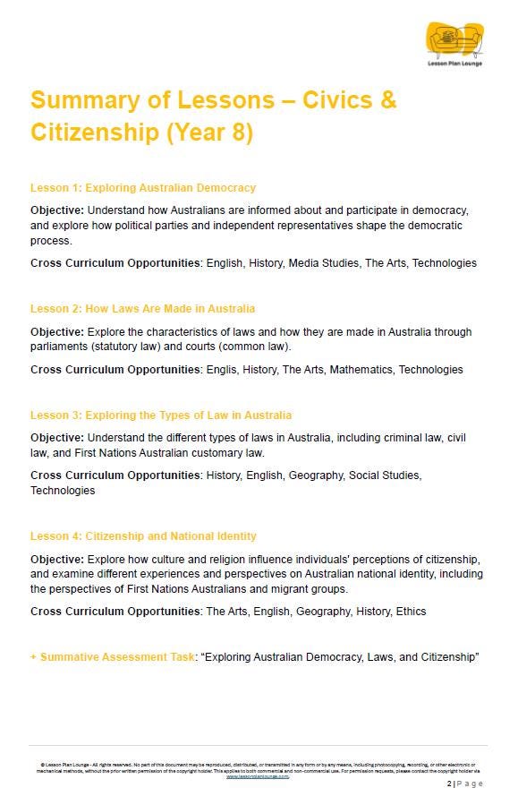 HASS Civics & Citizenship: 4 Lesson Plans + 1 Summative Assessment Task + FREE Student WORKBOOK (Year 8)