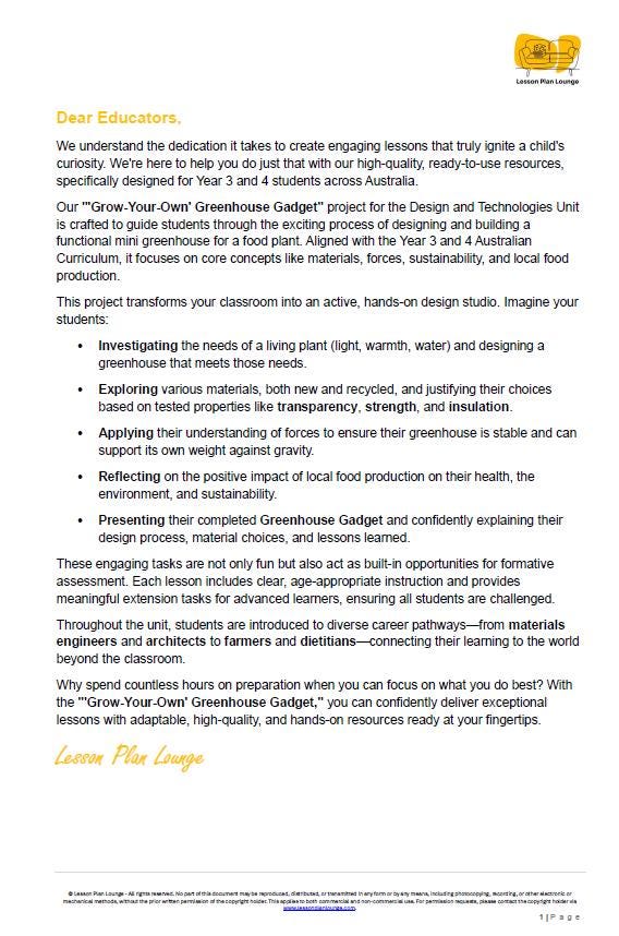 Design Technologies - Grow Your Own Greenhouse Gadget: 10 Lesson Plans + Summative Assessment and FREE Design PORTFOLIO Workbook (Year 3-4)
