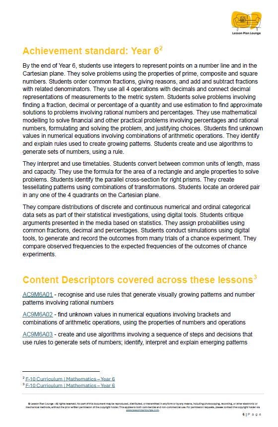 Mathematics - ALGEBRA: Lesson Plans covering 21 Lessons, Summative Assessment Task and FREE Student Workbook (Year 6)