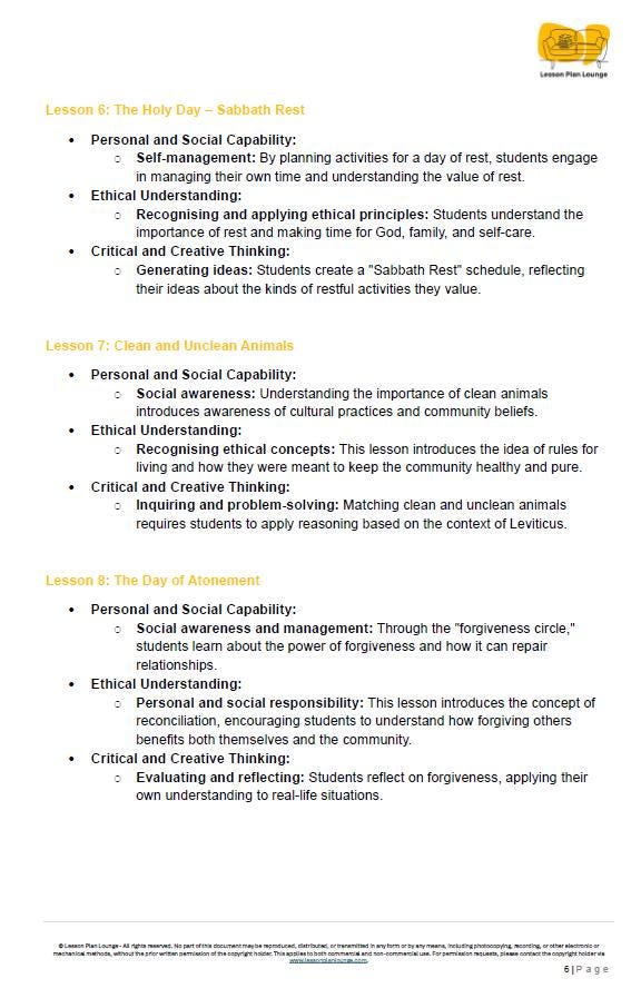 Studies of Religion - Introduction to Leviticus: 10 Lesson Plans + 1 Summative Assessment Task (Kindergarten to Year 2)
