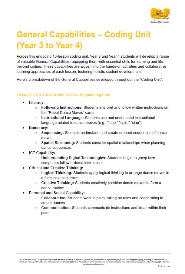 Technologies - Coding: 10 Lesson Plans + 1 Summative Assessment Task (Year 3 to Year 4)