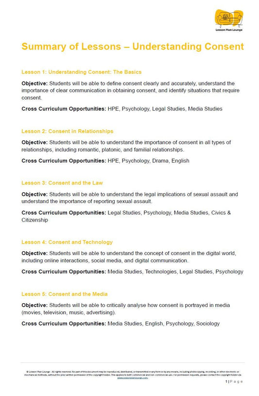 Understanding Consent: 10 Lesson Plans + 1 Summative Assessment + Worksheet Suggestions (High School)