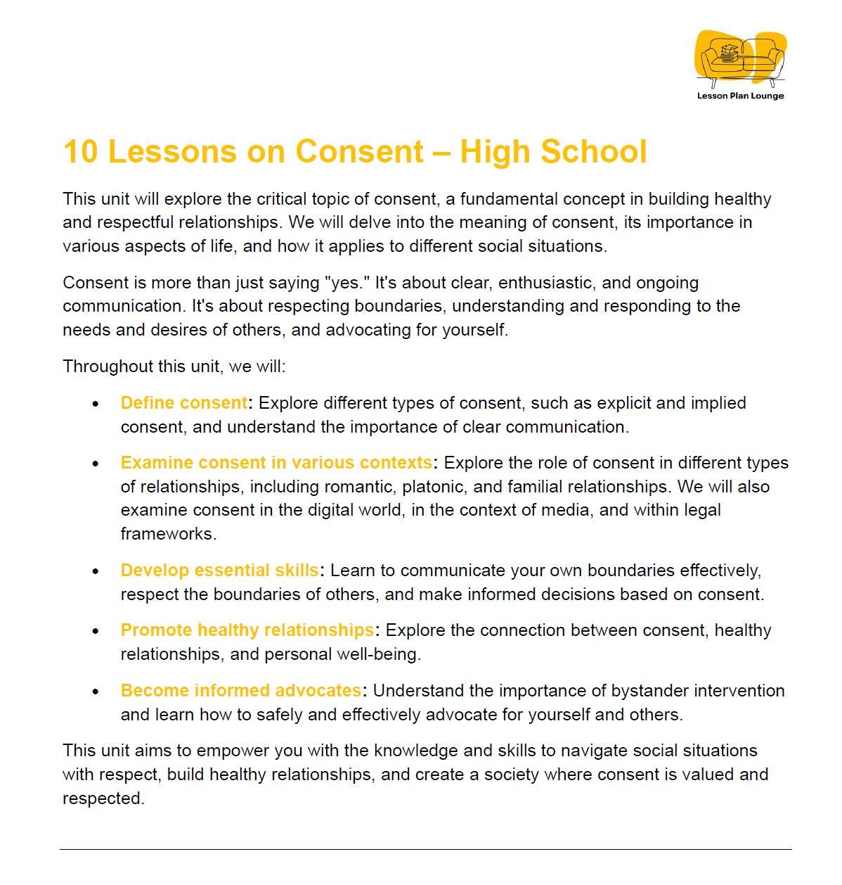 Understanding Consent: 10 Lesson Plans + 1 Summative Assessment + Worksheet Suggestions (High School)