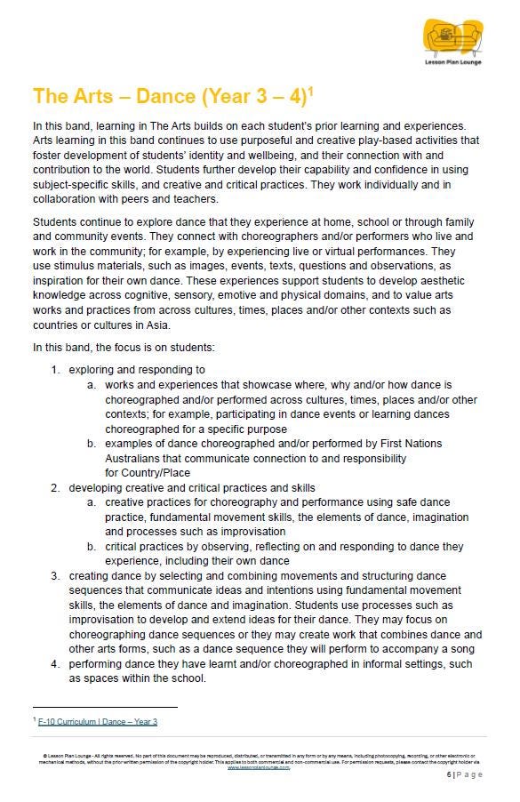 Dance - The Arts: 10 Lesson Plans + 1 Summative Assessment Task + 10 Extra practical lesson ideas (Year 3)