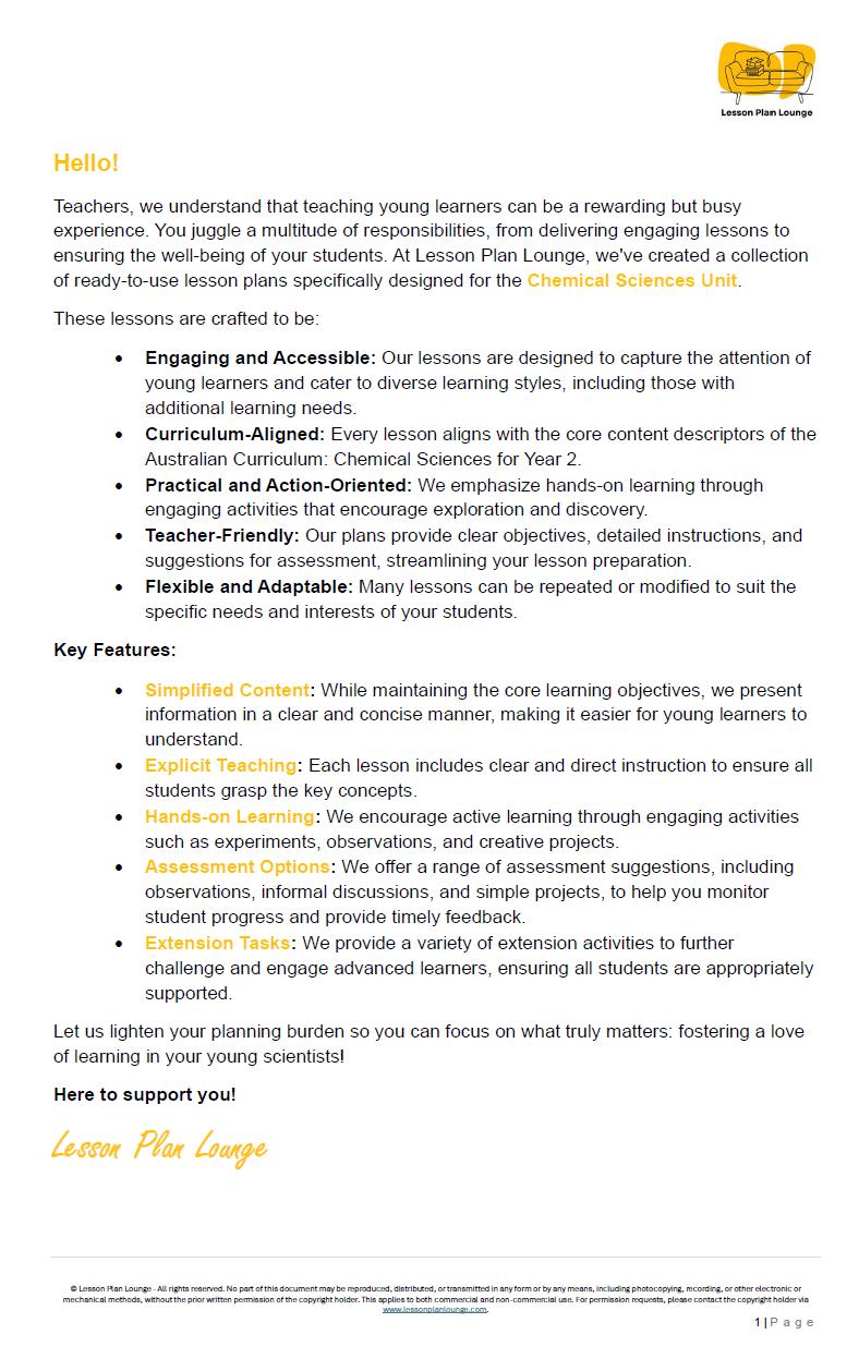 CHEMICAL Sciences - Adjusted Curriculum: 12 Lesson Plans + 1 Summative Assessment (Year 2)