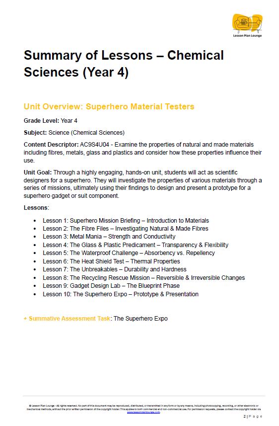 Science - Chemical Sciences: 10 Lesson Plans + 1 Summative Assessment and FREE Student WORKBOOK (Year 4)