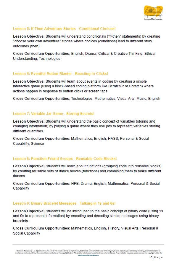 Technologies - Coding: 10 Lesson Plans + 1 Summative Assessment Task (Year 3 to Year 4)