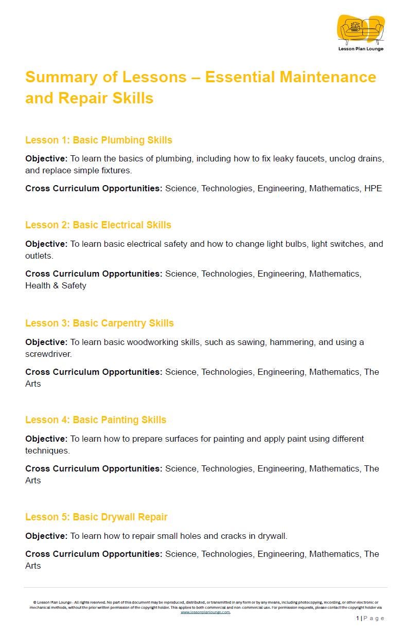 Essential Maintenance and Repair Skills: 10 Lesson Plans + 1 Summative Assessment (High School)