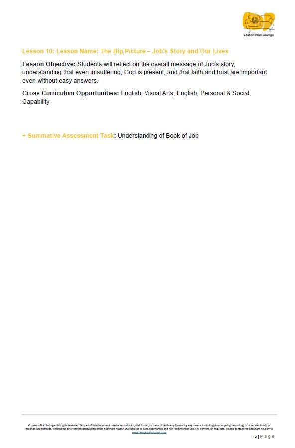 Studies of Religion - Introduction to the Book of Job: 10 Lesson Plans + 1 Summative Assessment Task (Year 3 to Year 6)