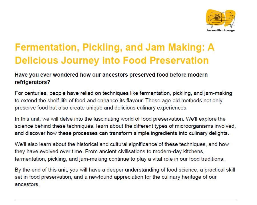 Fermentation, Pickling and Jam Making: 10 Lesson Plans + 1 Summative Assessment (High School)