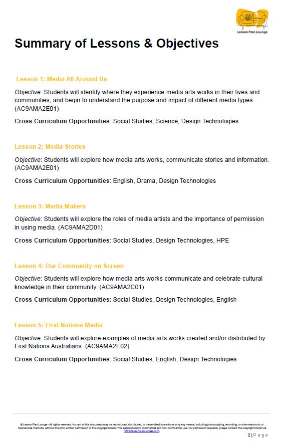 The Arts - MEDIA ARTS: 12 Lesson Plans + 1 Summative Assessment (Year 2)