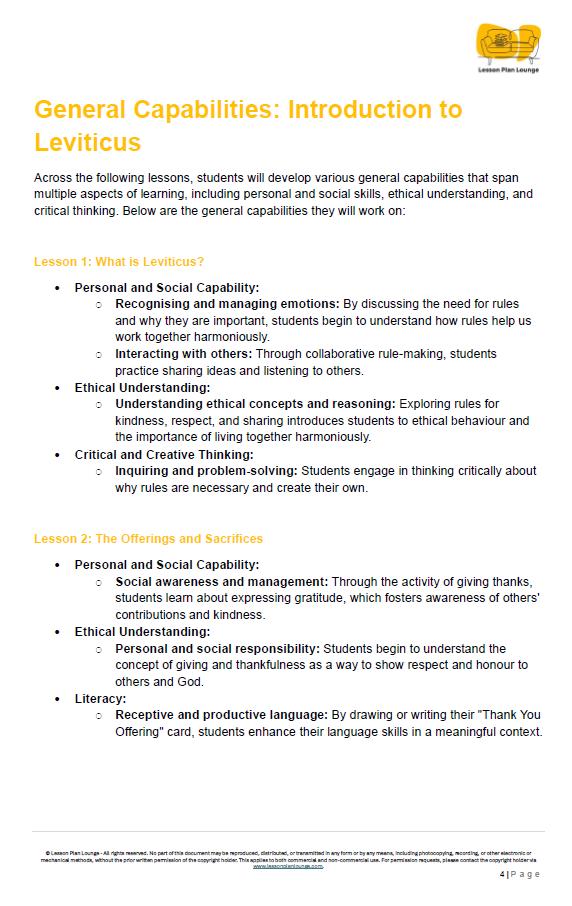 Studies of Religion - Introduction to Leviticus: 10 Lesson Plans + 1 Summative Assessment Task (Kindergarten to Year 2)