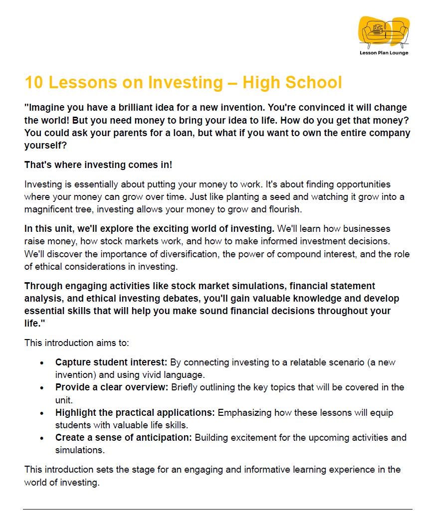 Investing Insights - 10 Lesson Plans + 1 Summative Assessment + Worksheet suggestions (High School)