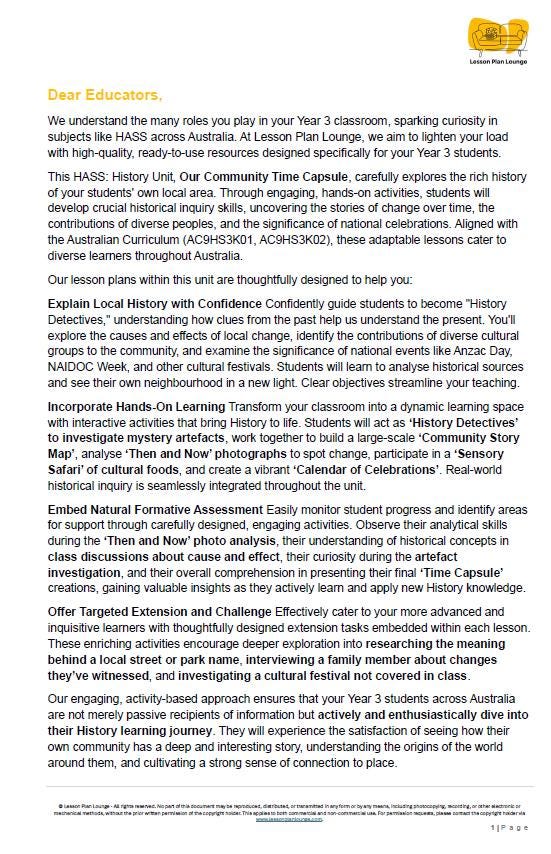 HASS - History: Lesson Plans (10 lessons) + 1 Summative Assessment + FREE Student Workbook (Year 3)