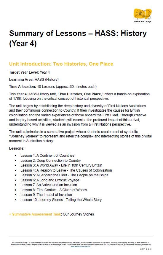 HASS - History: 10 Lesson Plans + 1 Summative Assessment and FREE Student Workbook (Year 4)