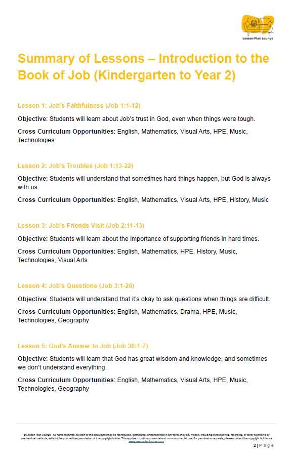 Studies of Religion - Introduction to the Book of Job: 10 Lesson Plans + 1 Summative Assessment Task (Kindergarten to Year 2)