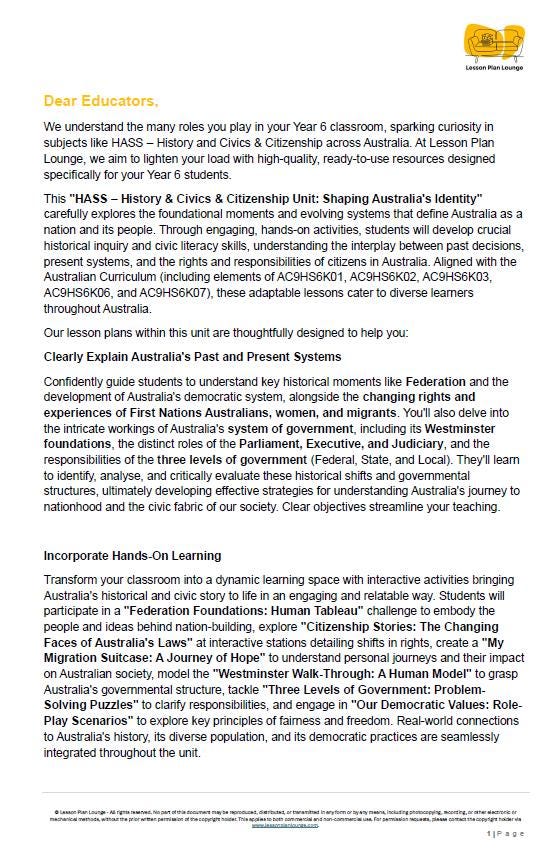HASS - History + Civics & Citizenship: Lesson Plans (10 lessons) + 2 Summative Assessment Tasks + FREE Student Workbook (Year 6)