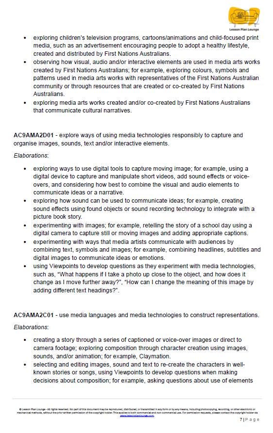 The Arts - MEDIA ARTS: 12 Lesson Plans + 1 Summative Assessment (Year 2)
