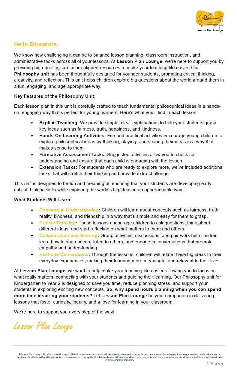Philosophy: 10 Lesson Plans + 1 Summative Assessment Task (Kindergarten to Year 2)