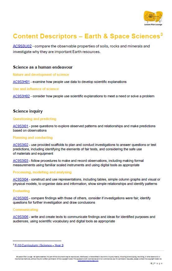 Science - Earth & Space Sciences: Lesson Plans (9 lessons) + 1 Summative Assessment + FREE Student Workbook (Year 3)