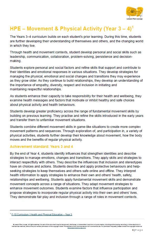 HPE - Movement and Physical Activity: 20 Lesson Plans + 1 Summative Assessment Task (Year 3)