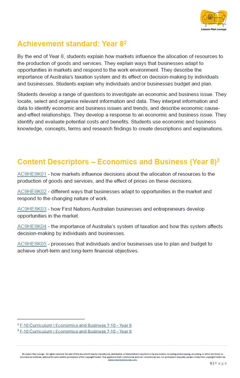 HASS Economics and Business: 12 Lesson Plans + 1 Summative Assessment Task + FREE Student WORKBOOK (Year 8)