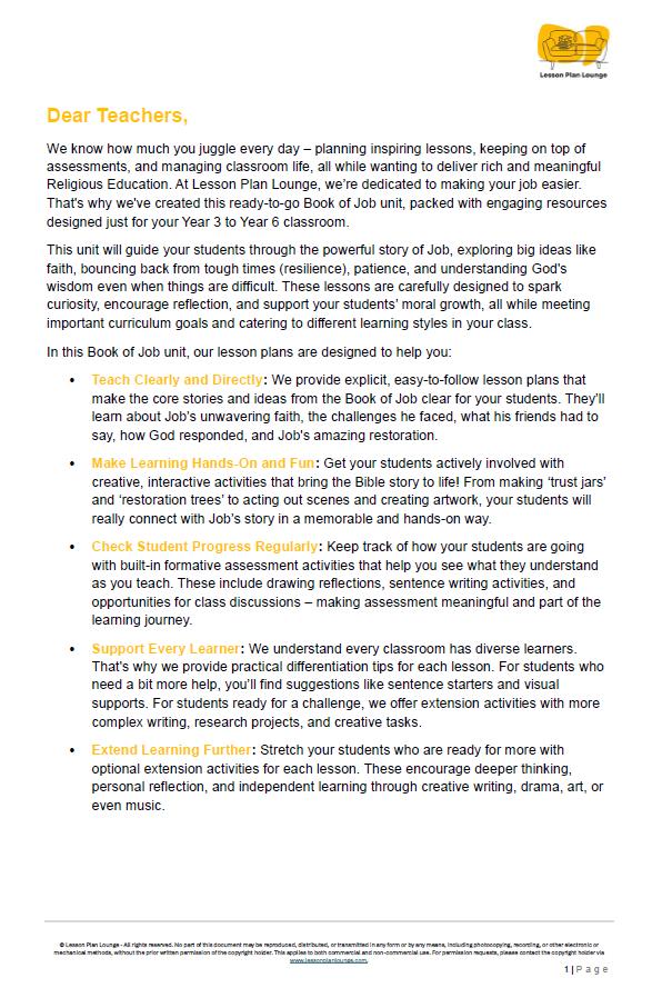 Studies of Religion - Introduction to the Book of Job: 10 Lesson Plans + 1 Summative Assessment Task (Year 3 to Year 6)