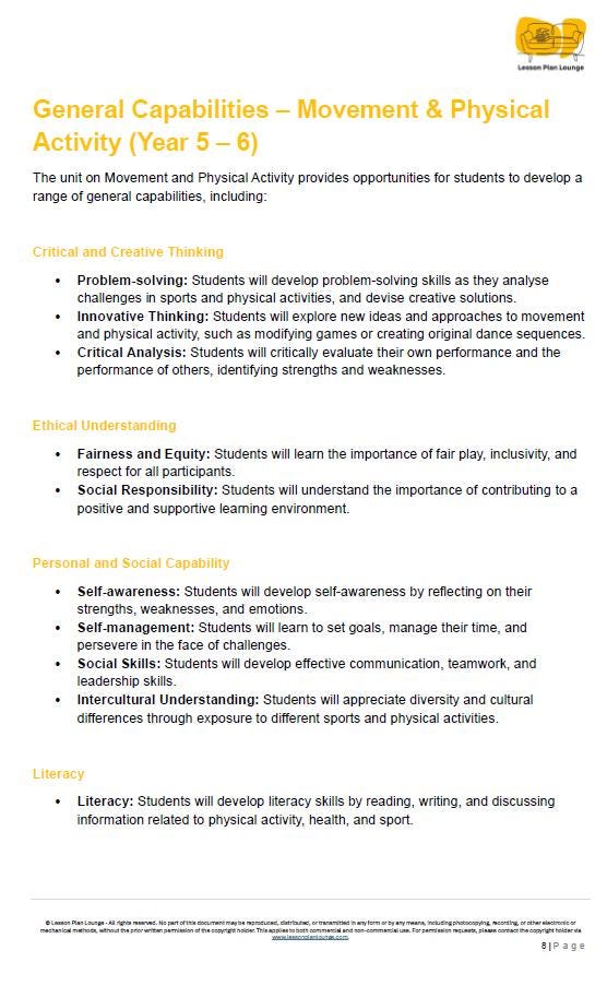HPE - Movement and Physical Activity: 20 Lesson Plans + 1 Summative Assessment Task (Year 6)