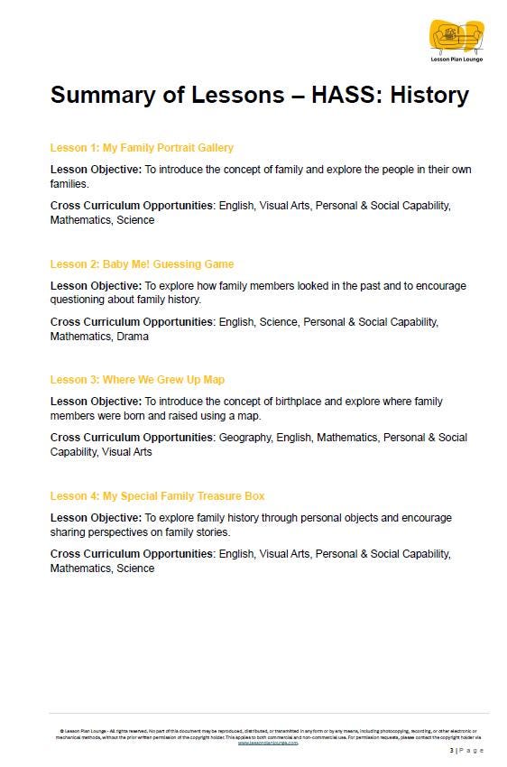 HASS - History: 10 lesson plans + 1 summative assessment and FREE Student WORKSHEETS (Kindergarten/ Foundation Year)