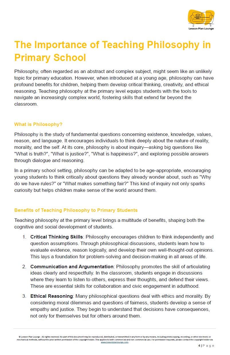 Philosophy: 10 Lesson Plans + 1 Summative Assessment Task (Kindergarten to Year 2)
