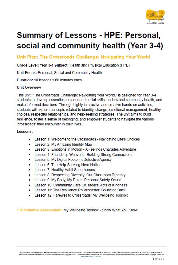 HPE - Personal, social and community health: Lesson Plans (12 lessons) + 1 Summative Assessment + FREE Student Workbook (Year 3-4)