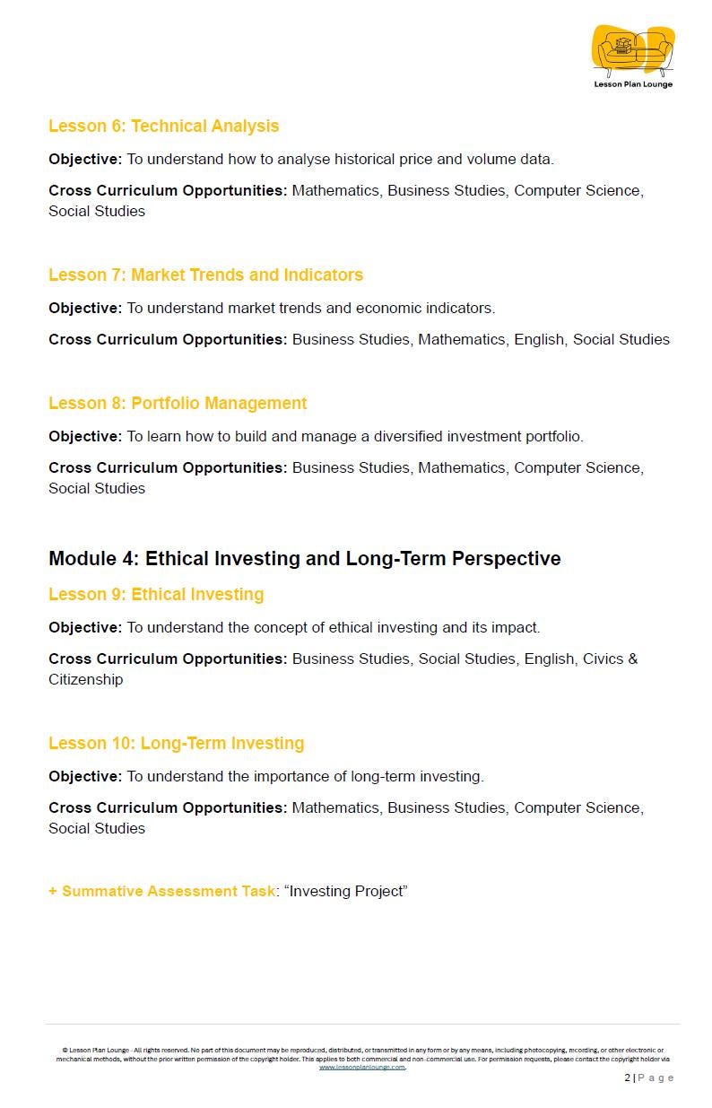 Investing Insights - 10 Lesson Plans + 1 Summative Assessment + Worksheet suggestions (High School)