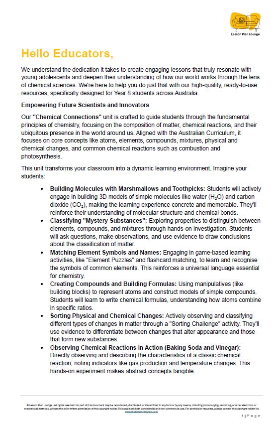 Science - Chemical Sciences: 10 Lesson Plans + 1 Summative Assessment Task + FREE Student WORKBOOK (Year 8)