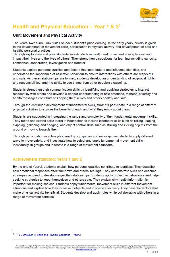 HPE (Movement and Physical Education): 30 Lesson Plans + 1 Summative Assessment and 13 Additional Exercises, Games, Movement options