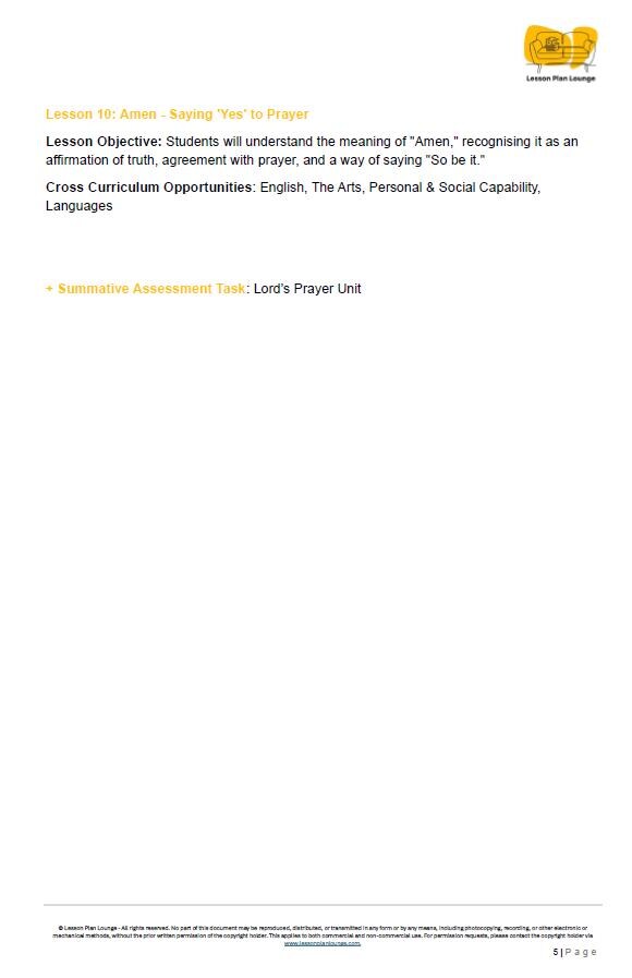 Studies of Religion - The Lord's Prayer: 10 Lesson Plans + 1 Summative Assessment Task + Student Workbook (Year 3 to Year 6)