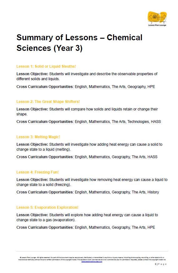 Science - Chemical Sciences: Lesson Plans (9 lessons) + 1 Summative Assessment + FREE Student Workbook (Year 3)