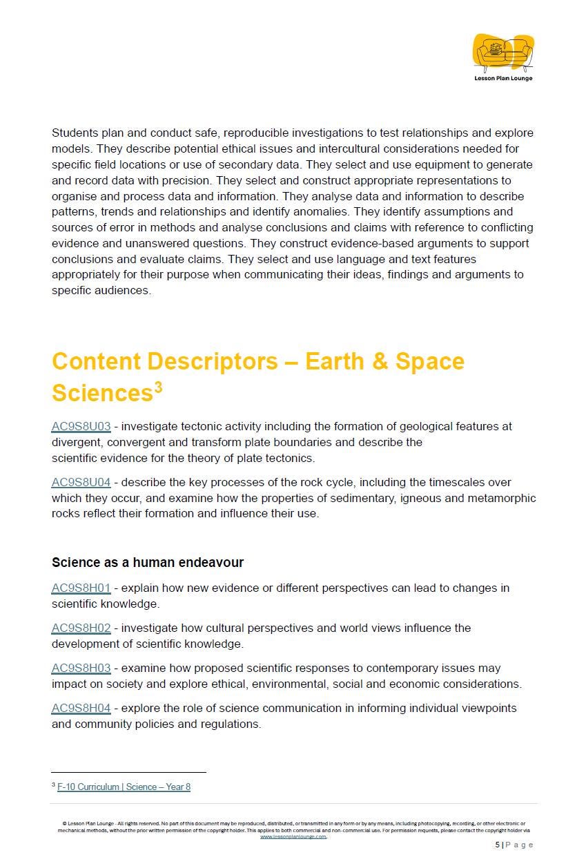 Science - Earth and Space Sciences: 10 Lesson Plans + 1 Summative Assessment + FREE Student WORKBOOK (Year 8)