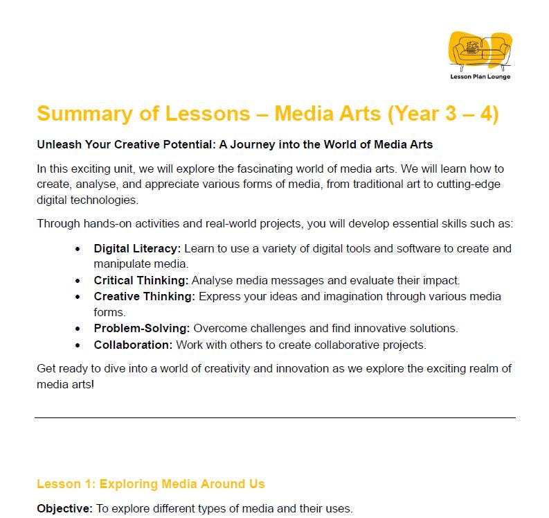 Media Arts - The Arts: 10 Lesson Plans + 1 Summative Assessment Task (Year 3)