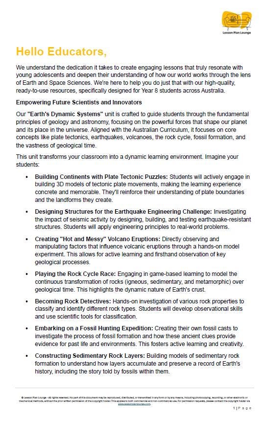 Science - Earth and Space Sciences: 10 Lesson Plans + 1 Summative Assessment + FREE Student WORKBOOK (Year 8)