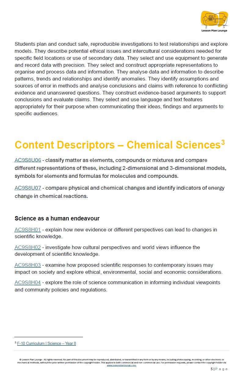 Science - Chemical Sciences: 10 Lesson Plans + 1 Summative Assessment Task + FREE Student WORKBOOK (Year 8)