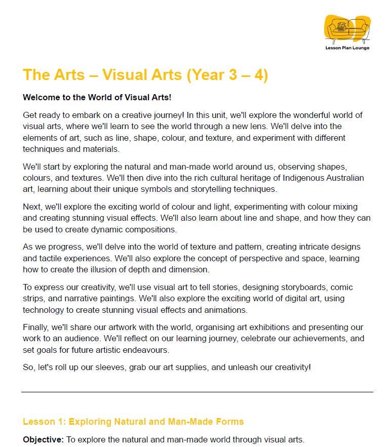 Visual Arts - The Arts: 10 Lesson Plans + 1 Summative Assessment + 25 Extra Visual Arts Ideas (Year 3)